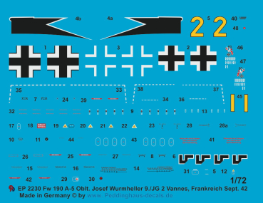 Peddinghaus-Decals 1/72 2230 Fw 190 A-5 Oblt. Josef Wurmheller 9./JG2 Vannes, Frankreich Sept. 42