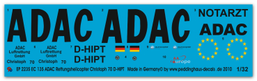 Peddinghaus-Decals 1:32  2235  EC 135 ADAC Rettungshelicopter Christoph 70 D-HIPT
