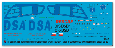 Peddinghaus-Decals 1:32  2301  EC 135 Krystof 6 Thechischer Rettungshubschrauber der DAS