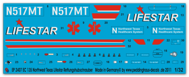 Peddinghaus-Decals 1:32  2407  EC 135 Northwest Texas Lifestar Rettungshubschrauber