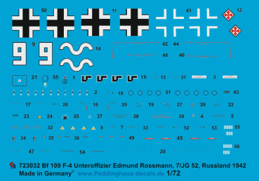 Peddinghaus-Decals 1/72 3032 Bf 109 F-4 Unteroffizier Edmund Rossmann, 7/JG 52, Russland 1942