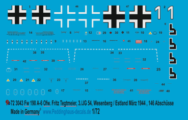 Peddinghaus-Decals 1/72 3043 FW 190 A-6 Ofw. Fritz Tegtmeier, 3/JG 54, Wesenberg-Estland , März 1944 , 146 Abschüsse
