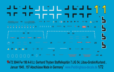 Peddinghaus-Decals 1/72 3044 Fw 190A-8 Lt. Gerhard Thyben, Staffelkapitän 7./JG 54 -Libau/Kurland 1945 157 Abschüsse