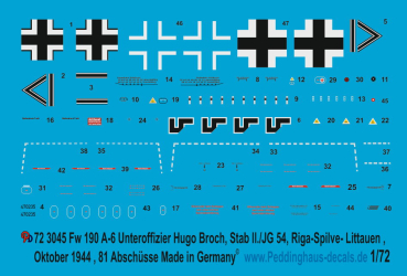 Peddinghaus-Decals 1/72 3045 FW 190 A-6 Unteroffizier Hugo Broch, Stab II/JG54 Riga-Littauen Okt. 1944, 81 Abschüsse