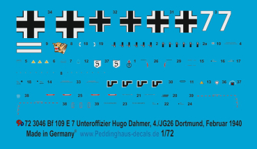 Peddinghaus-Decals 1/72 3046 Bf 109 E-7 Unteroffizier Hugo Dahmer, 4./JG 26 Dortmund, Februar 1940