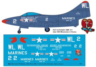 Peddinghaus-Decals 1:48 3096 Panther F9F-2B BuNo. 123451 WL 2 der VMF-311, K-3 Korea 1953, 400 Einsätze