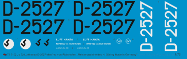 Peddinghaus-Decals 1/72  3102 Ju52/3m Lufthansa D-2527 Richthofen Reisemaschine H. Göring