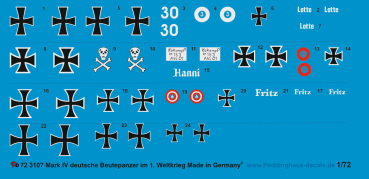 Peddinghaus-Decals 1:72  3107 Deutsche Beutebeschriftungen für engl. Mark IV Panzer, I. WK
