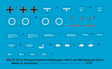 Peddinghaus-Decals 1:72  3113 Panzerdraisine Flakwagen mit 2 cm Wirbelwind Turm