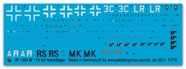 Peddinghaus-Decals 1/72 1203 BF 110 Nachtjäger 4 Versionen ua. Oblt. Martin Becker 1944 Mainz