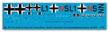 Peddinghaus-Decals 1/72 1343 JU 88 A-4 /Trop. 8/LG 1 Derna Juli 1942 DAK