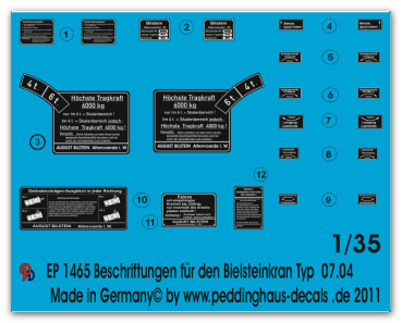Peddinghaus-Decals 1:35  1465  markings for 6 ton Bielsteinkran Typ G07.04