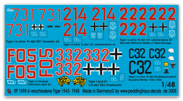 Peddinghaus-Decals 1/48 1598 Tiger No 4 6 different Tiger Tanks 1943-45