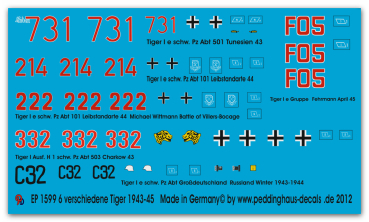 Peddinghaus-Decals 1:72 1599 Tiger No 4 6 different Tiger Tanks 1943-45