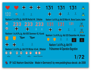 Peddinghaus-Decals 1:72 1623 6 verschiedene Nashorn Geschütze