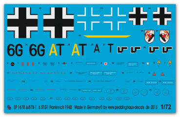Peddinghaus-Decals 1/72 1678 Ju 87 B-1 6.St.G1 Frankreich 1940