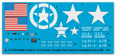 Peddinghaus-Decals 1:16 1726 M3 A1 Halftrack 1.Armd.Div. 11 th US Inf Div A-Komapnie Algerien