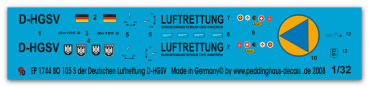Peddinghaus-Decals 1:32  1744  BO 105 S der Deutschen Luftrettung D-HGSV
