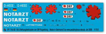 Peddinghaus-Decals 1:32 1746  Bo 105 s Rettungshelicopter der DRF Kennung D-HEEE