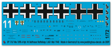 Peddinghaus-Decals 1/72 1767 Me 109E-4 Hpt. Wilhelm Balthasar Staffelkapitän 1/JG 1 May 1940