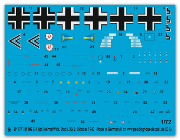 Peddinghaus-Decals 1/72 1771 Me 109E-4 Hpt. Helmut Wick Stab 1/JG 2 Oktober 1940