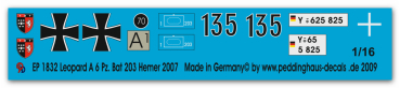 Peddinghaus-Decals 1:16  1832 Leopard A6 Pz Bat 203 Hemer 2007