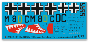 Peddinghaus-Decals 1/72 1856 Me 110 C-3 Stab II./ZG 76 Mai 1940 , Frankreich