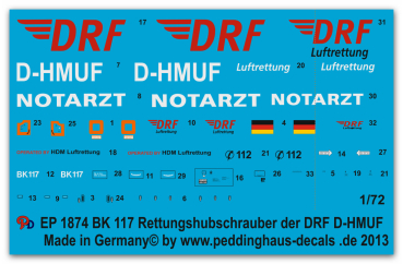 Peddinghaus-Decals 1:72 1874  BK 117 Rescue helicopter with the new DRF Logo D-HMUF