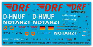 Peddinghaus-Decals 1:32  1875  Bk 117 Rettungshelicopter mit Neuem DRF Logo D-HMUF