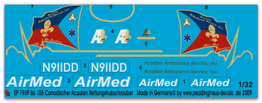 Peddinghaus-Decals 1:32  1959  Bo 105 Acadian Rettungshubschrauber USA-Kanada