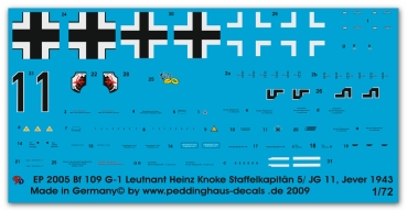 Peddinghaus-Decals 1/72 2005 BF 109 G-1 Leutnant Heinz Knoke Staffelkap. 5/JG11 Jever 1943
