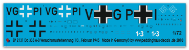 Peddinghaus-Decals 1/72 2131 Do 335 A-0 Versuchsmusterkennung 1/3 Rechlin 1945