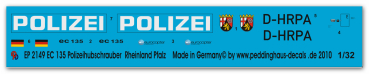 Peddinghaus-Decals 1:32  2149  EC 135 Polizeihubschrauber Rheinland-Pfalz D-HRPA