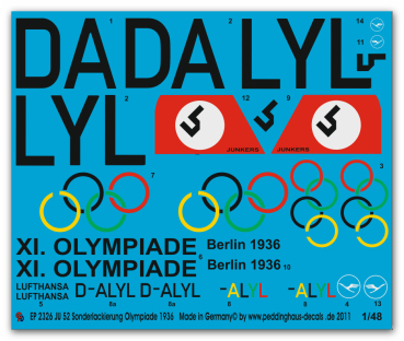 Peddinghaus-Decals 1:48 2326 Ju 52 special painting of a Ju 52 Olympic games 1936