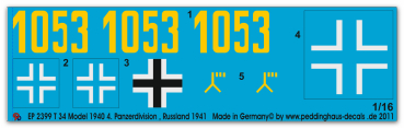 Peddinghaus-Decals 1:16  2399 T 34 Model 1940, 4. tankdivison Russia 1941