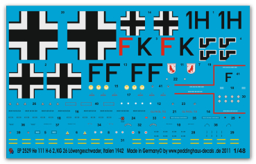 Peddinghaus-Decals 1:48 2529 He 111 H-6 2./KG 26 Löwengeschwader , Italien 1942