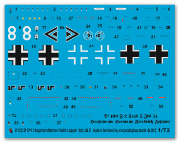 Peddinghaus-Decals 1/72 2553 Bf 109 F 2 Hauptmann Hermann Friedrich Joppien , Stab I / JG 51, Russland 1941