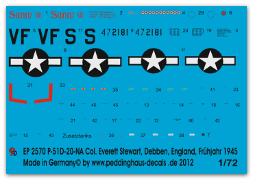 Peddinghaus-Decals 1/72 2570 P-51D-20-NA Col. Everett Stewart, Debben, England, Frühjahr 1945
