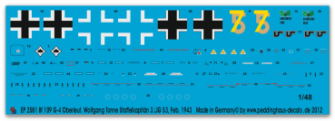 Peddinghaus-Decals 1:48 2581 Bf 109 G-4 Oberleutnant Wolfgang Tonne Staffelkapitän 3./JG 53 , Feb. 43