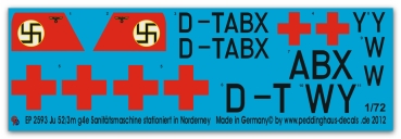 Peddinghaus-Decals 1/72 2593 Ju-52/3m g4e Sanitätsmaschine auf Norderney stationiert  für 3 Maschinen D-TABX-Y-W