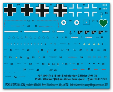Peddinghaus-Decals 1/72 2604 Bf 109 F-2 Technischer Offizier -Stab JG 52 Oblt. Werner Pichon-Kalau vom Hofe, Juni 1941