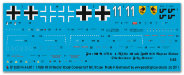 Peddinghaus-Decals 1:48 2605 Fw 190 A-6/R11 1.NJGr 10 mit Neptun Radar , Oberleutnant Fritz Krause