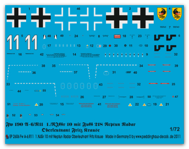 Peddinghaus-Decals 1/72 2606 Fw 190 A-6/R11 1.NJGr 10 mit Neptun Radar , Oberleutnant Fritz Krause