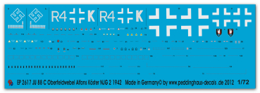 Peddinghaus-Decals 1/72 2617 Ju 88 C Oberfeldwebel Alfons Köster III/ NJG 2, 1942