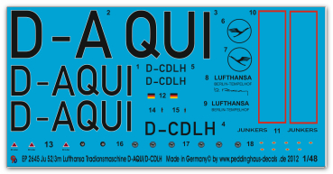 Peddinghaus-Decals 1:48 2645 Ju 52/3m Lufthansa Tradionsmaschine D-AQUI/ D-CDLH