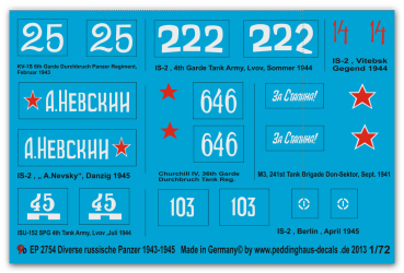 Peddinghaus-Decals 1:72 2754  diverse russische Panzer IS 2-KV-1S-Churchill Mk IV-M3- ISU 152