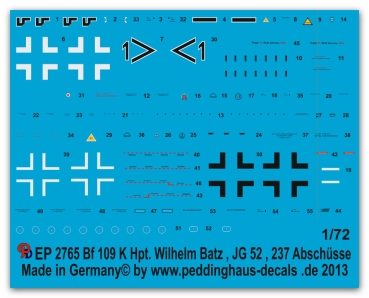 Peddinghaus-Decals 1/72 2765 Bf 109 K Hpt. Wilhem Batz Gruppen Kommandeur JG 52 237 Abschüsse