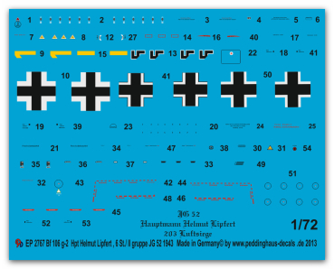 Peddinghaus-Decals 1/72 2767 Bf 109 G-2 Hauptmann Helmut Lipfert 6. Staffel/II. Gruppe JG 52 1943