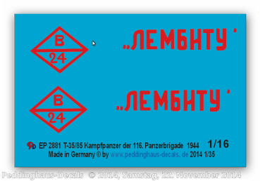 Peddinghaus-Decals 1:16  2881 T34/85 markings for the 116. tankbrigade , winter 1944