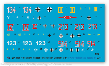 Peddinghaus-Decals 1:72   2886 6 deutsche Panzer Typ 38 (t)